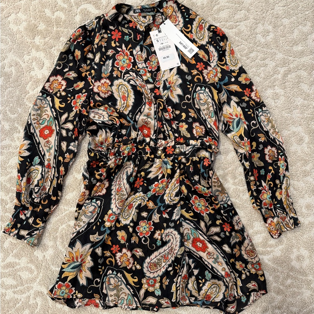 ZARA Floral Long Sleeve Black Blouse Top
